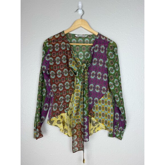 ZARA Zodiac Multicolor Printed Boho Blouse Shirt Bow Tie Sz XS Crystal Drops 143 - Picture 3 of 9